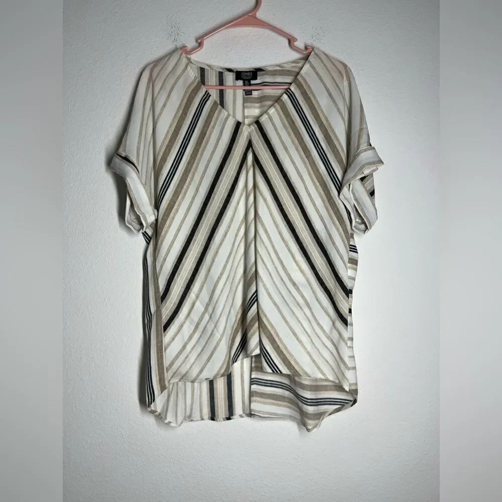 JONES NEW YORK Baci Striped Popover Tee White/Camel SIZE L RELAXED
